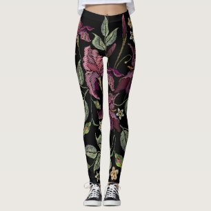 Leggings Arrière - plan noir Irises pourpres brodé.