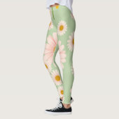 Leggings Arrière - plan vert pâle avec marguerites roses (Gauche)