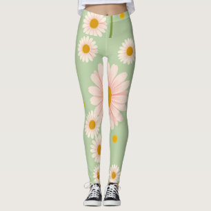 Leggings Arrière - plan vert pâle avec marguerites roses