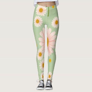 Leggings Arrière - plan vert pâle avec marguerites roses