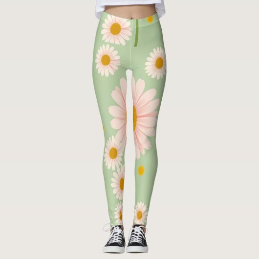 Leggings Arrière - plan vert pâle avec marguerites roses (Devant)