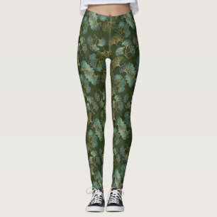 Leggings Art botanique raffiné Ginkgo or émeraude vert