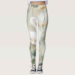 Leggings Art de l'aquarelle Cygne Blanc et Nénuphar de Luxe