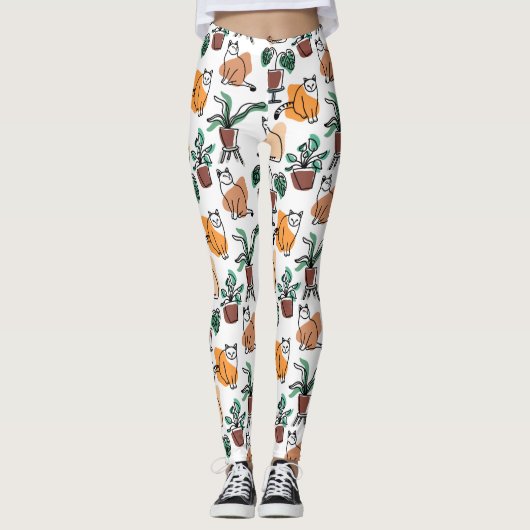 Leggings Art de trait dessin chats et fleurs (Devant)