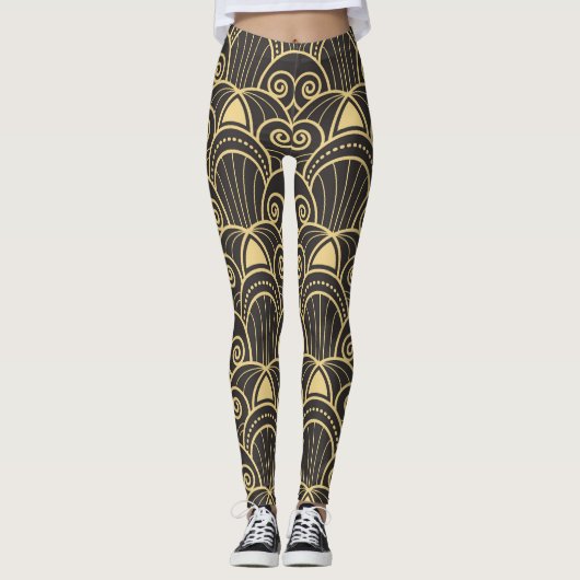 Leggings Art Déco : Carreaux géométriques dorés. (Devant)