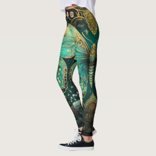 Leggings Art Déco moderne Turquoise Bleu Or Papillon Yoga