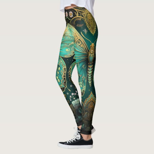 Leggings Art Déco moderne Turquoise Bleu Or Papillon Yoga (Gauche)