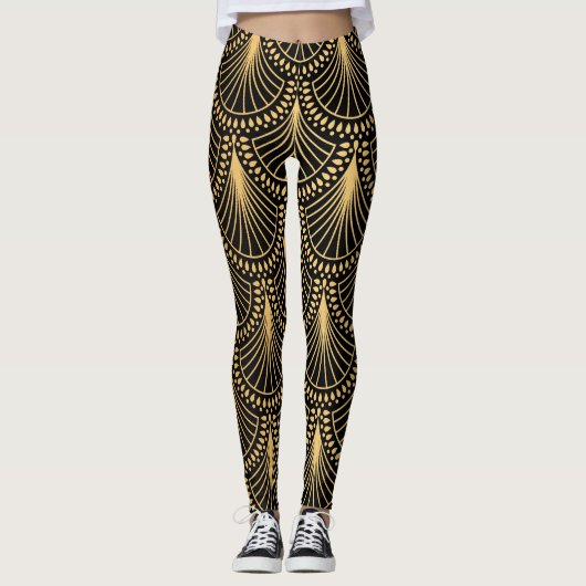Leggings Art Déco, or noir, motif sans soudure. (Devant)