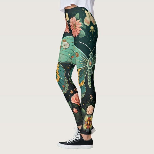 Leggings Art Déco tendance Turquoise rose papillon floral Y (Gauche)