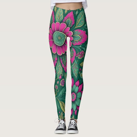 Leggings Art Floral Classique Rose Vert Vintage (Devant)