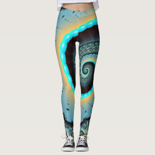 Leggings Art fractal abstrait bleu turquoise orange en spir