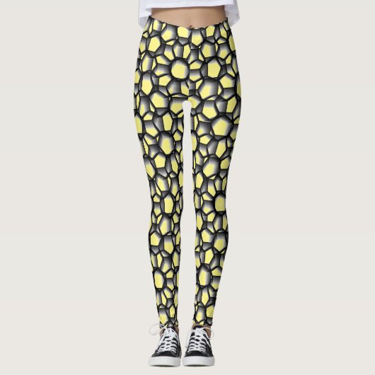 Leggings Art géométrique en dentelle noire sur Jaune (Devant)