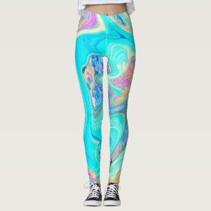 Leggings Art Liquide Bleu Aqua Rétro sur Hydrangeas Abstrai
