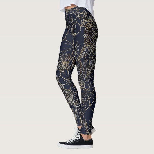 Leggings Art moderne Gold Blue Floral Doodles (Gauche)