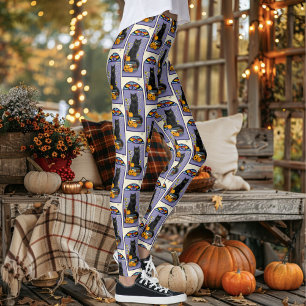 Leggings Art Nouveau Chat Noir Citrouille Violet Automne Ja