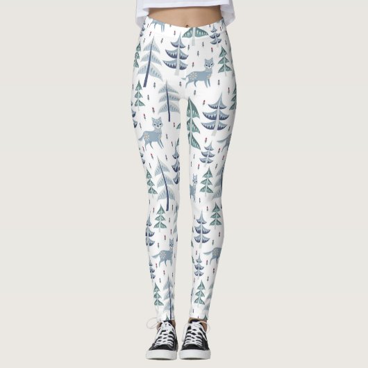Leggings Art populaire Renard d'hiver et arbres (Devant)