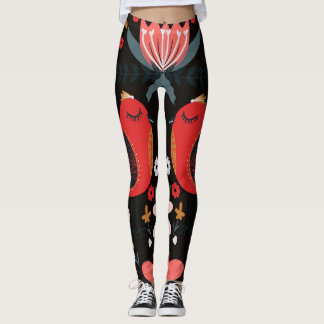 Leggings Art populaire scandinave : Oiseaux colorés.