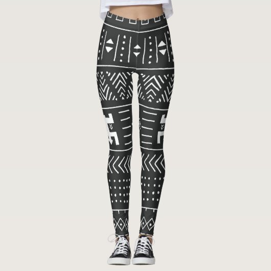 Leggings Art Tribal Africain : Géométrique Noir & Blanc (Devant)
