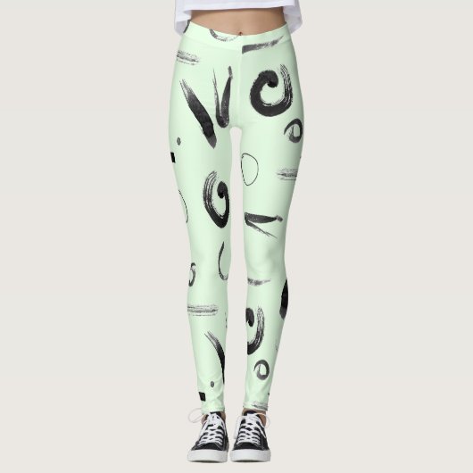 Leggings Asiatique Abstrait Noir sur Design Vert (Devant)