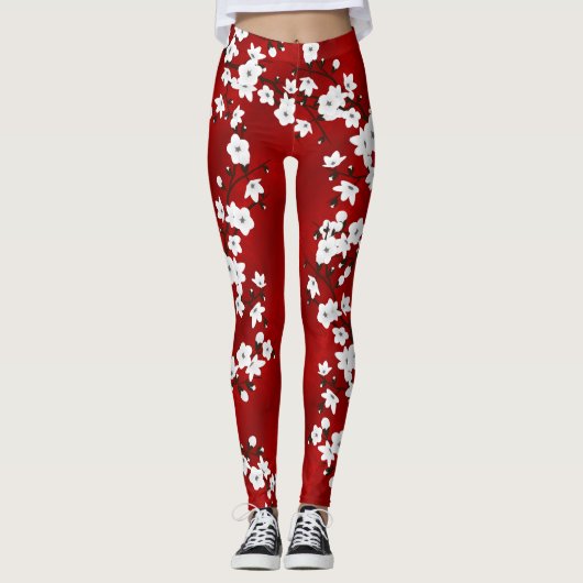 Leggings Asie Floral blanc cerisier rouge (Devant)