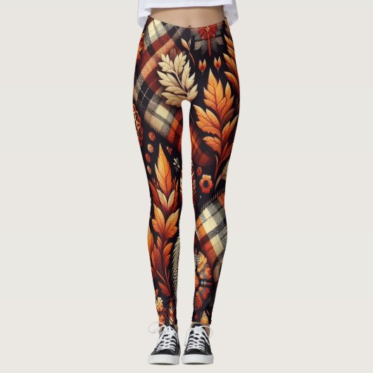 Leggings Automne Plaid Feuilles Orange Noir Beige (Devant)