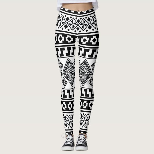 Leggings Aztec Boho, Motif tribal géométrique noir blanc (Devant)