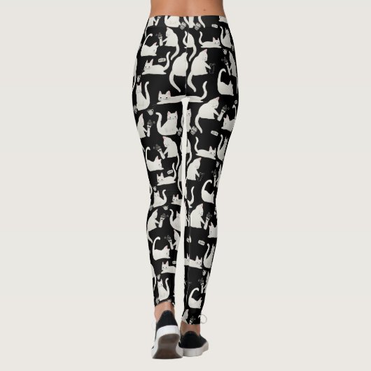 Leggings Bad Cats Knocking Stuff Over, White Cats on Black (Dos)