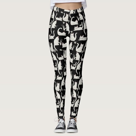 Leggings Bad Cats Knocking Stuff Over, White Cats on Black (Devant)