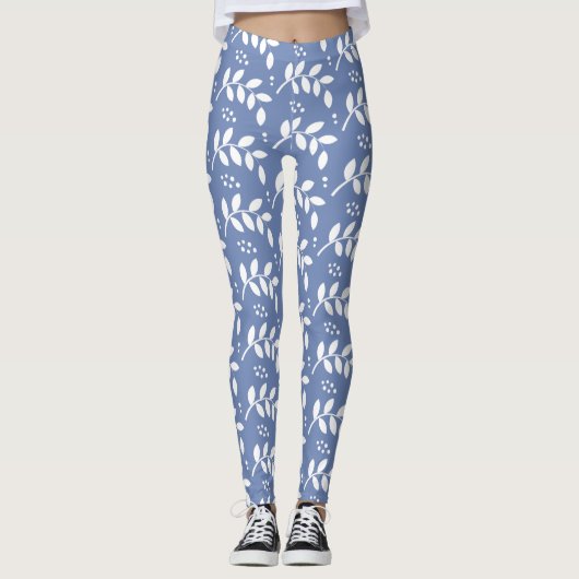 Leggings Baies élégantes et branches bleues et blanches (Devant)