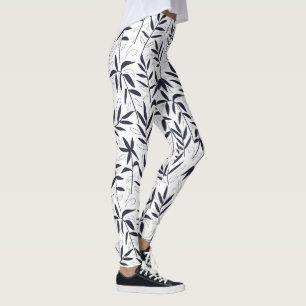 Leggings Bambou blanc et bleu marine feuille motif japonais