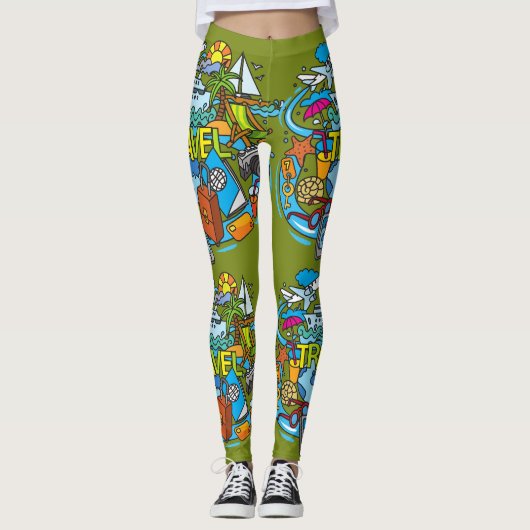Leggings Bande dessinée de voyage attrayante vert olive (Devant)