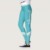 Leggings Bandes blanches fleuries turquoise & nom moderne (Gauche)