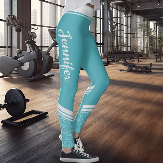 Leggings Bandes blanches fleuries turquoise & nom moderne