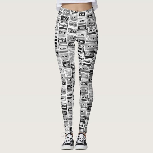 Leggings Bandes de cassettes noires et blanches rétro (Devant)