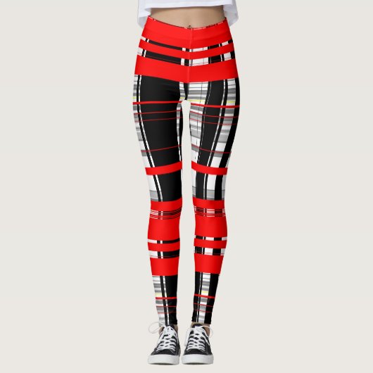 Leggings Bandes rouges et blanches noires abstraites (Devant)