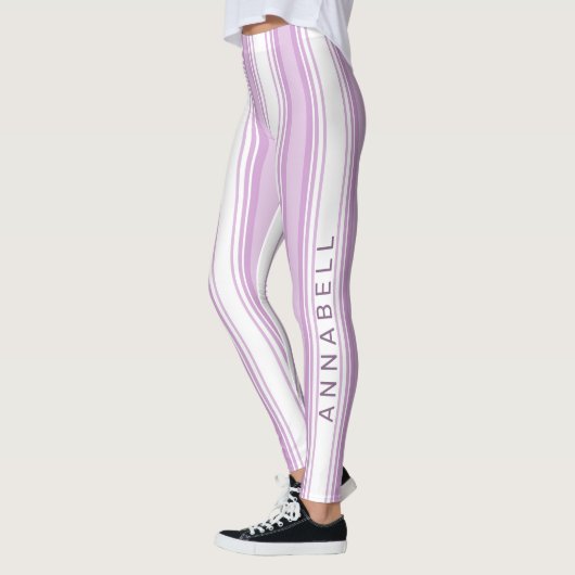 Leggings Bandes verticales violettes et blanches nom person (Gauche)