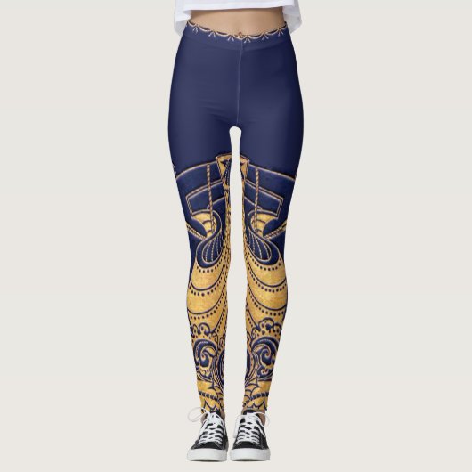 Leggings Bateau antique, Dauphins, Or, Bleu marine Nautique (Devant)