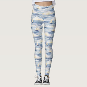 Leggings Bateaux à voile de rêve Motif d'aquarelle océaniqu