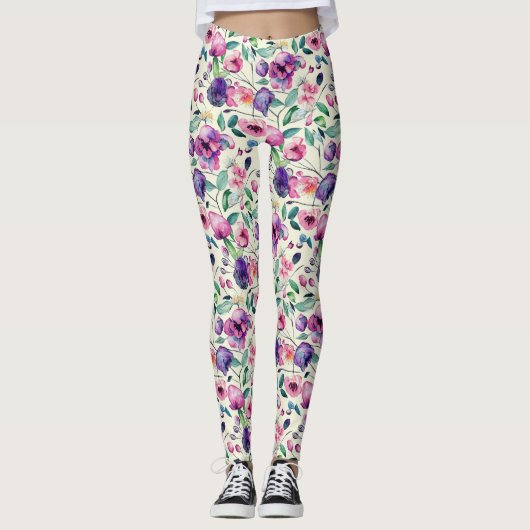 Leggings Beau Modèle Floral Violet Et Rose (Devant)