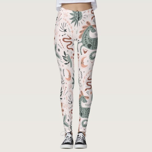 Leggings Beau motif en rose et vert Lune (Devant)
