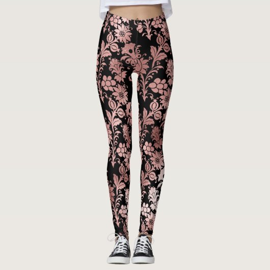 Leggings Beau rose floral damassé noir (Devant)