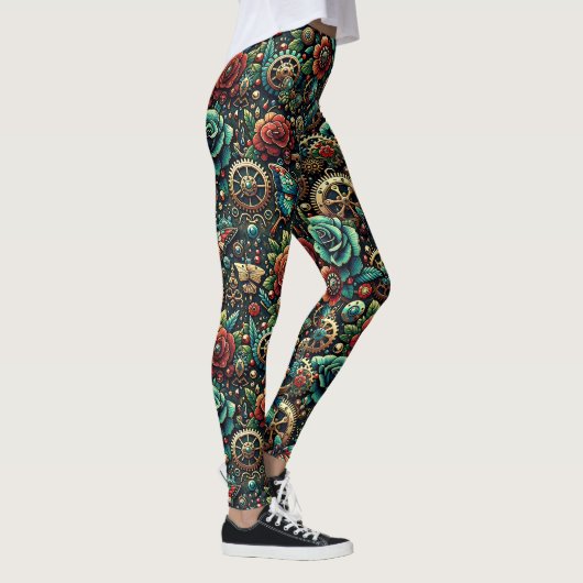 Leggings Beau Steampunk Gears à thème et Roses (Droite)