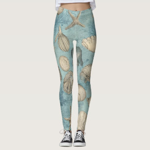 Leggings Beaux Coquillages Vintages En Bleu