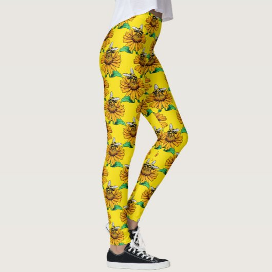 Leggings Bee on Sunflower Flower Pattern Design Yellow 