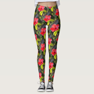 Leggings Belle Fleur d'Hibiscus Tropical Rouge Artistique