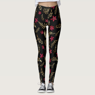 Leggings Belles fleurs rouges doré brillant feuille noir el