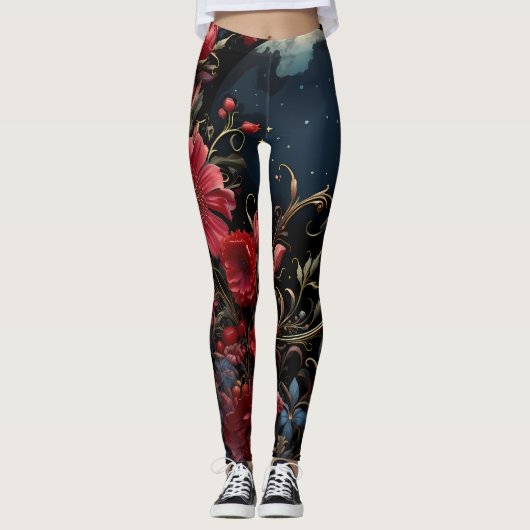 Leggings Berries, Fleurs, Ciel de minuit (Devant)
