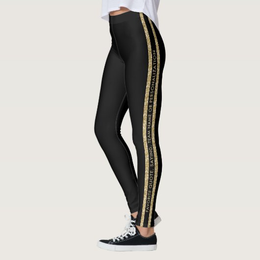 Leggings Black and Gold Glitter Custom Text Athletic Stripe (Gauche)