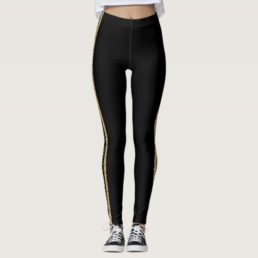 Leggings Black and Gold Glitter Custom Text Athletic Stripe (Devant)