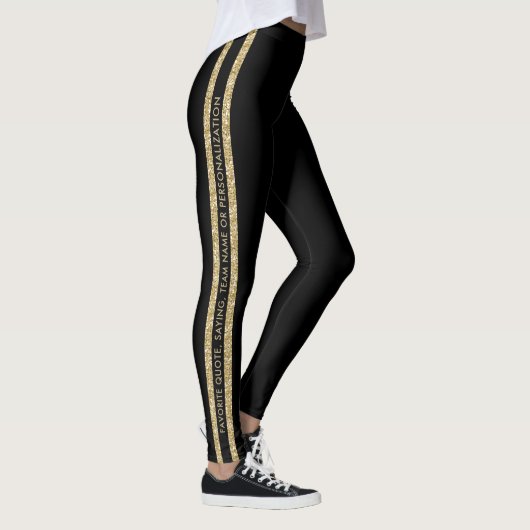 Leggings Black and Gold Glitter Custom Text Athletic Stripe (Droite)